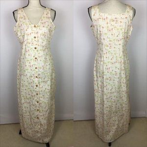 Vintage 80s David Warren Maxi Dress Sz 8 Womans Button-Up Beach Theme Sleeveless